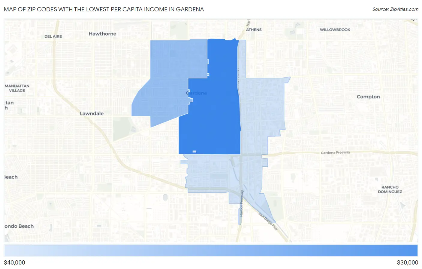 Zip Codes with the Lowest Per Capita Income in Gardena Map