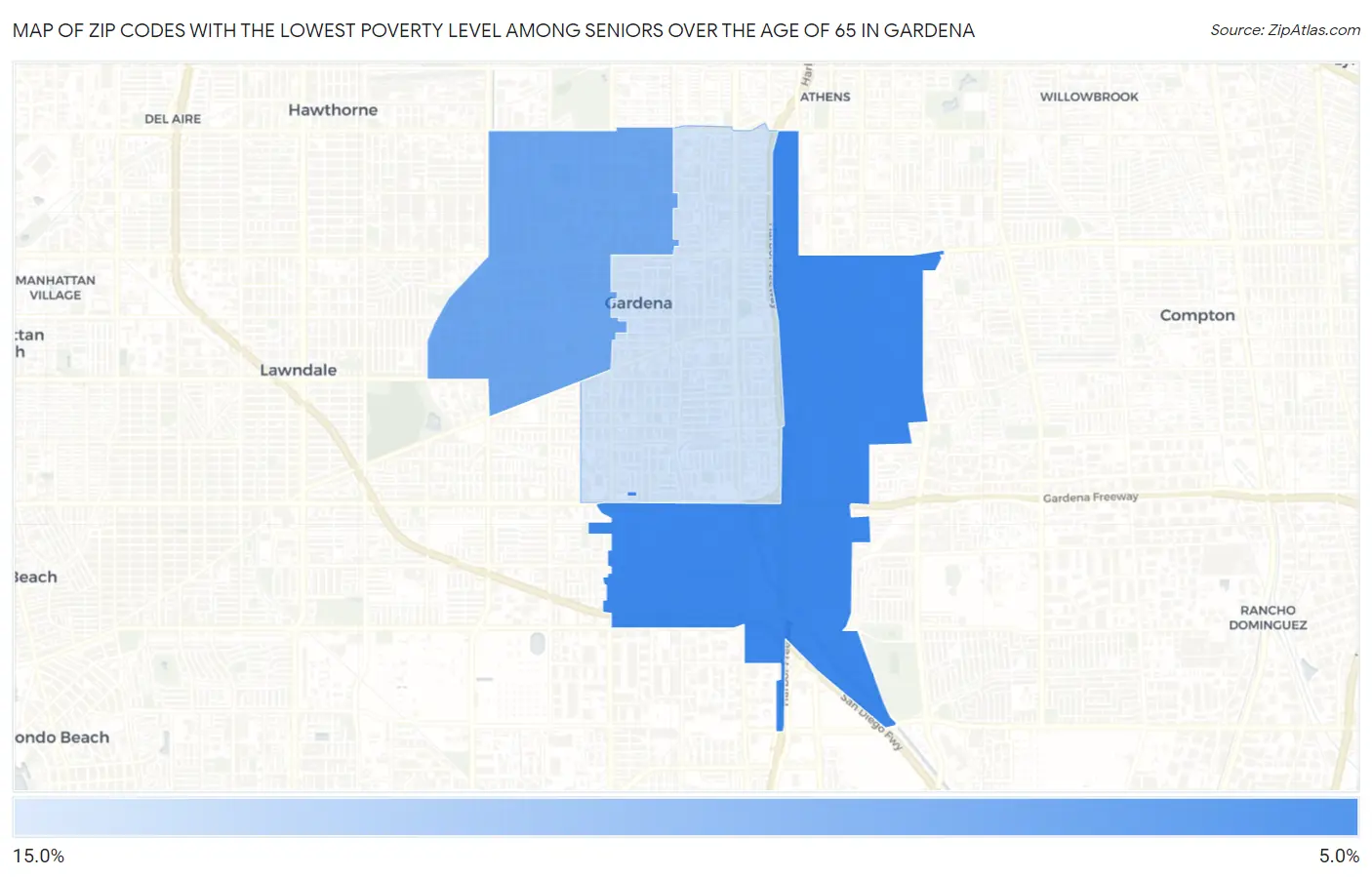 Zip Codes with the Lowest Poverty Level Among Seniors Over the Age of 65 in Gardena Map