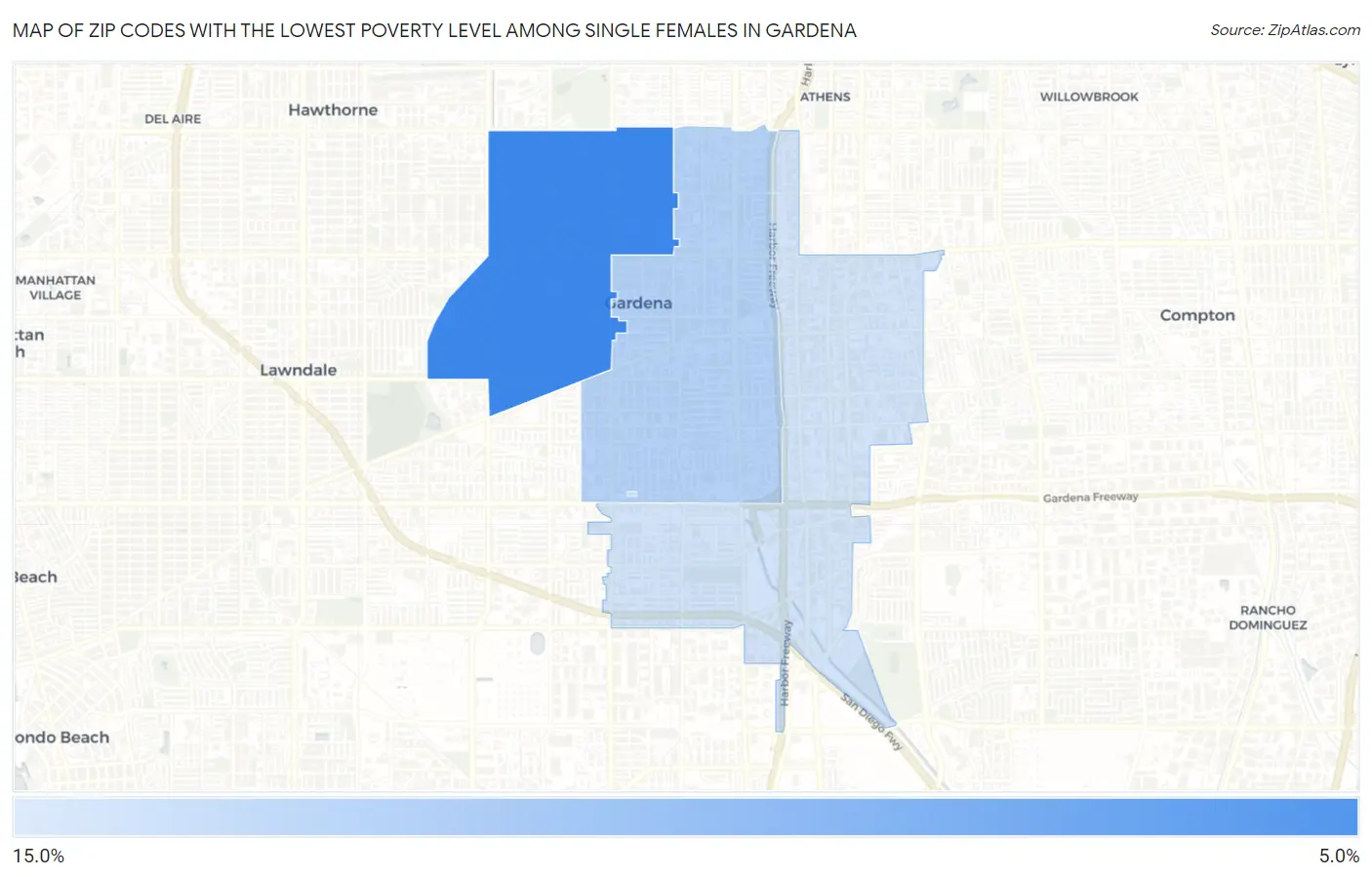 Zip Codes with the Lowest Poverty Level Among Single Females in Gardena Map