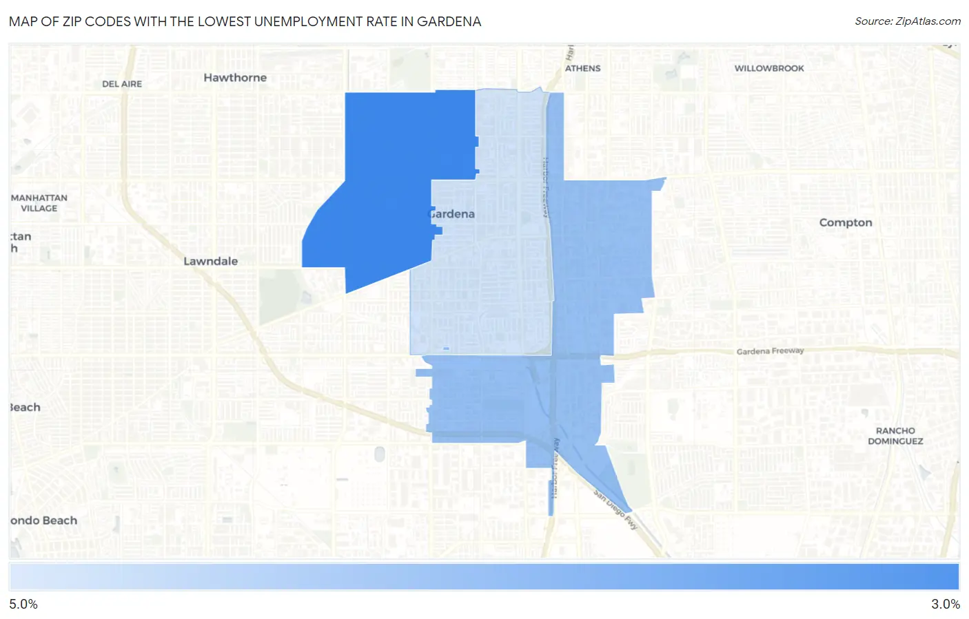 Zip Codes with the Lowest Unemployment Rate in Gardena Map