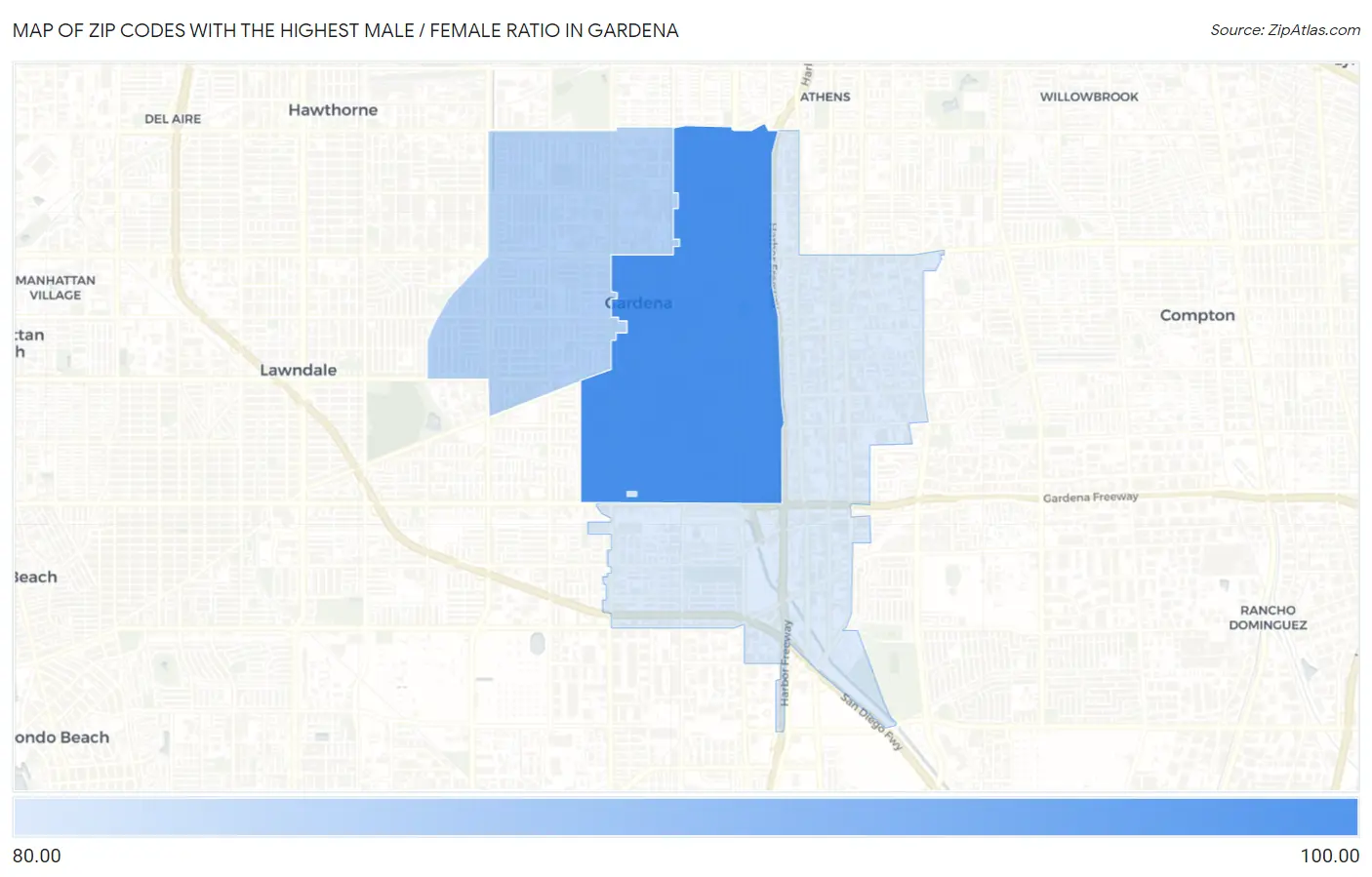 Zip Codes with the Highest Male / Female Ratio in Gardena Map
