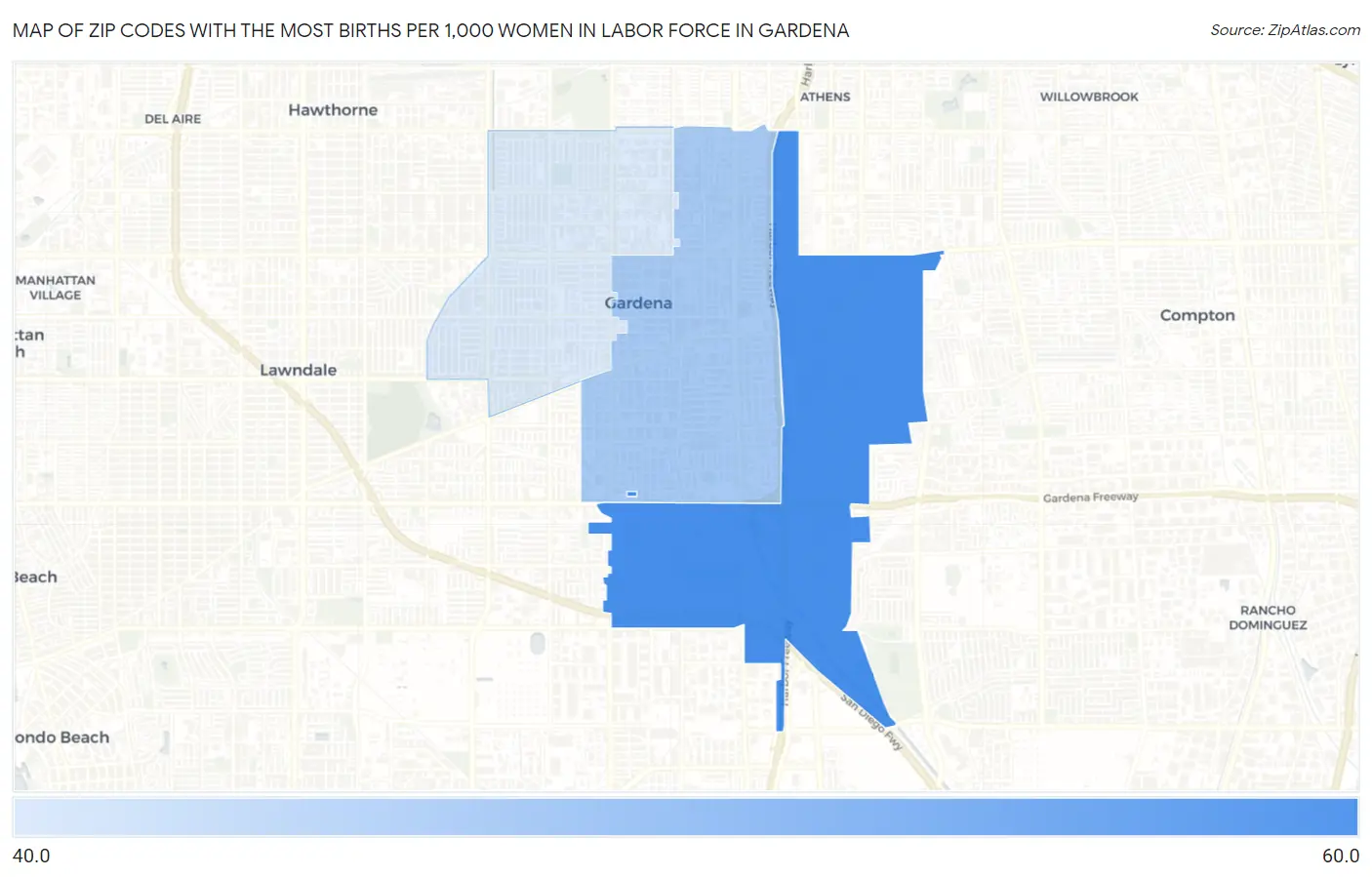 Zip Codes with the Most Births per 1,000 Women in Labor Force in Gardena Map
