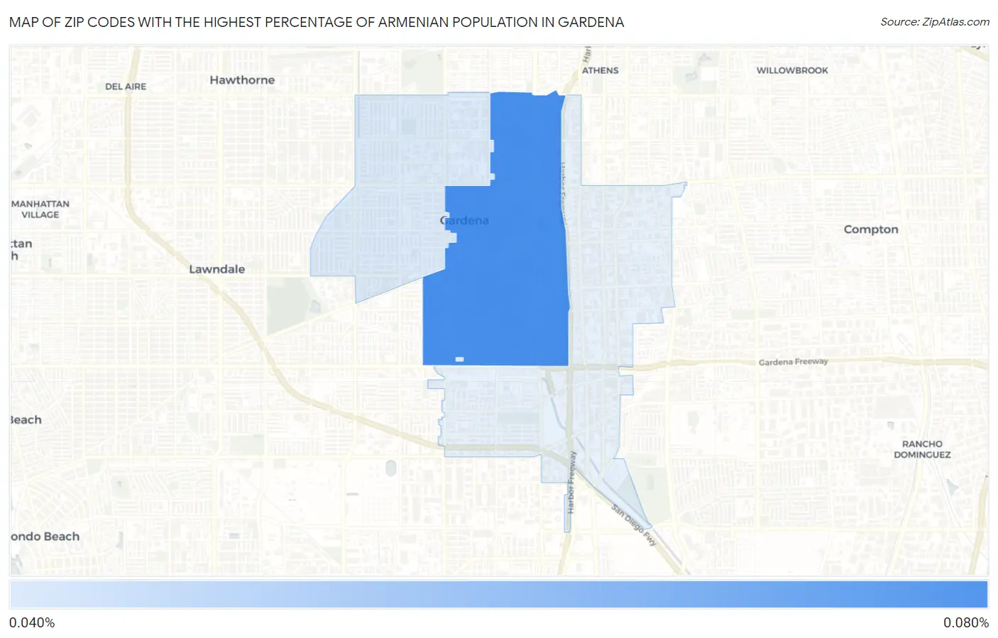 Zip Codes with the Highest Percentage of Armenian Population in Gardena Map