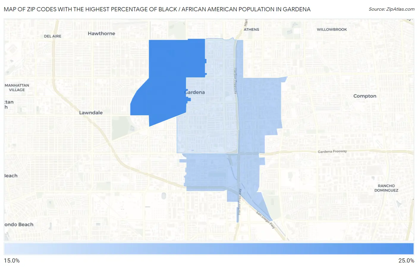 Zip Codes with the Highest Percentage of Black / African American Population in Gardena Map