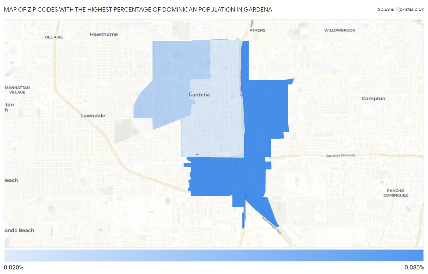 Zip Codes with the Highest Percentage of Dominican Population in Gardena Map