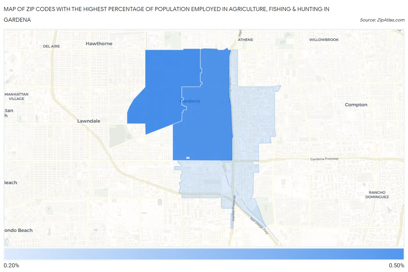 Zip Codes with the Highest Percentage of Population Employed in Agriculture, Fishing & Hunting in Gardena Map