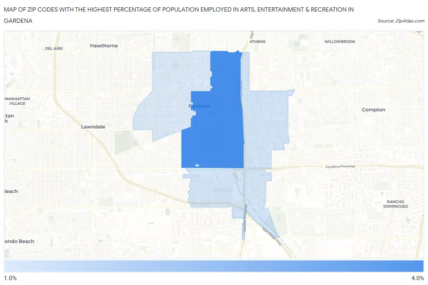 Zip Codes with the Highest Percentage of Population Employed in Arts, Entertainment & Recreation in Gardena Map