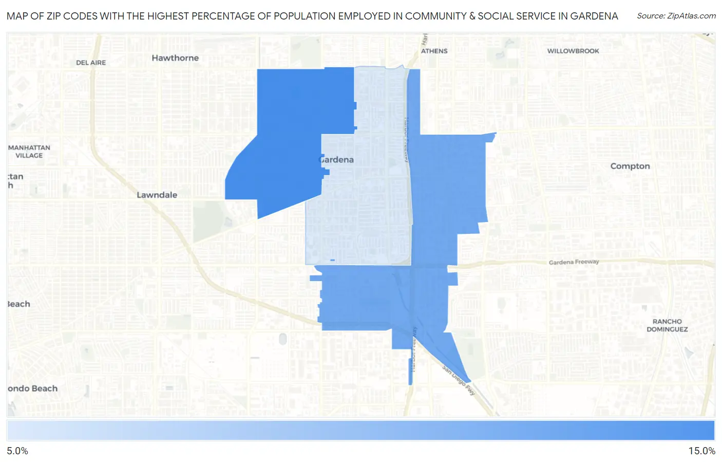 Zip Codes with the Highest Percentage of Population Employed in Community & Social Service  in Gardena Map