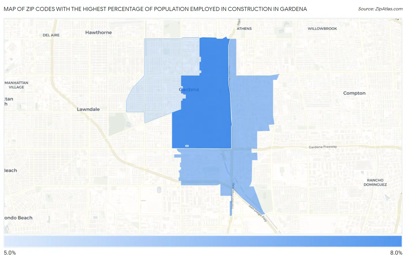 Zip Codes with the Highest Percentage of Population Employed in Construction in Gardena Map