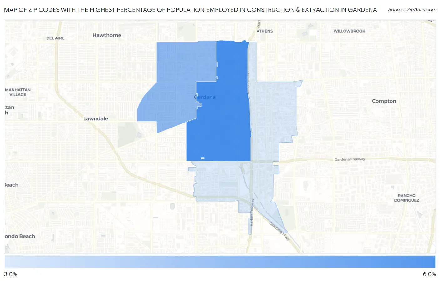 Zip Codes with the Highest Percentage of Population Employed in Construction & Extraction in Gardena Map