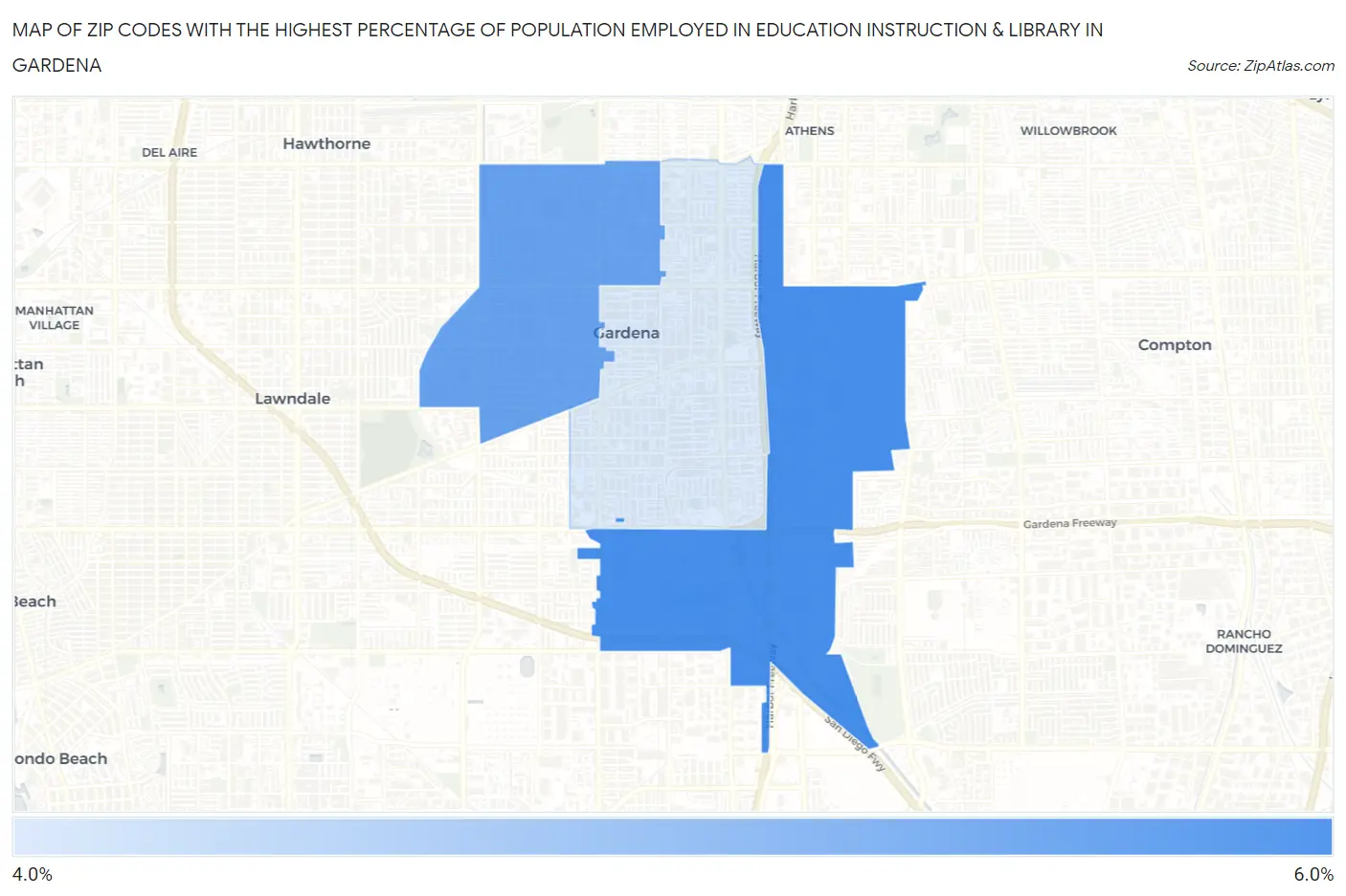 Zip Codes with the Highest Percentage of Population Employed in Education Instruction & Library in Gardena Map