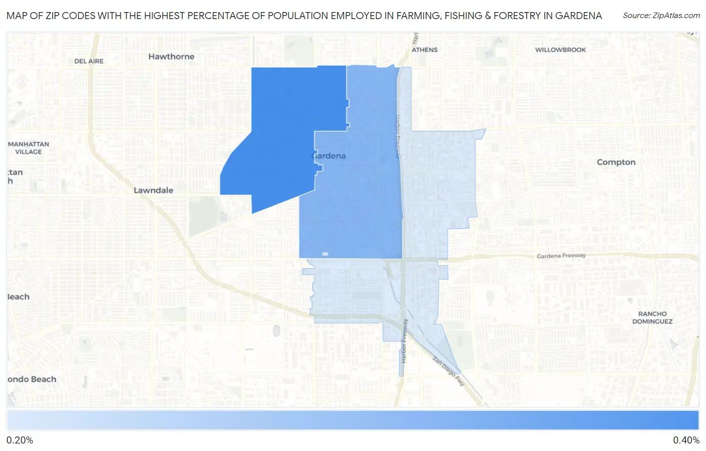 Zip Codes with the Highest Percentage of Population Employed in Farming, Fishing & Forestry in Gardena Map