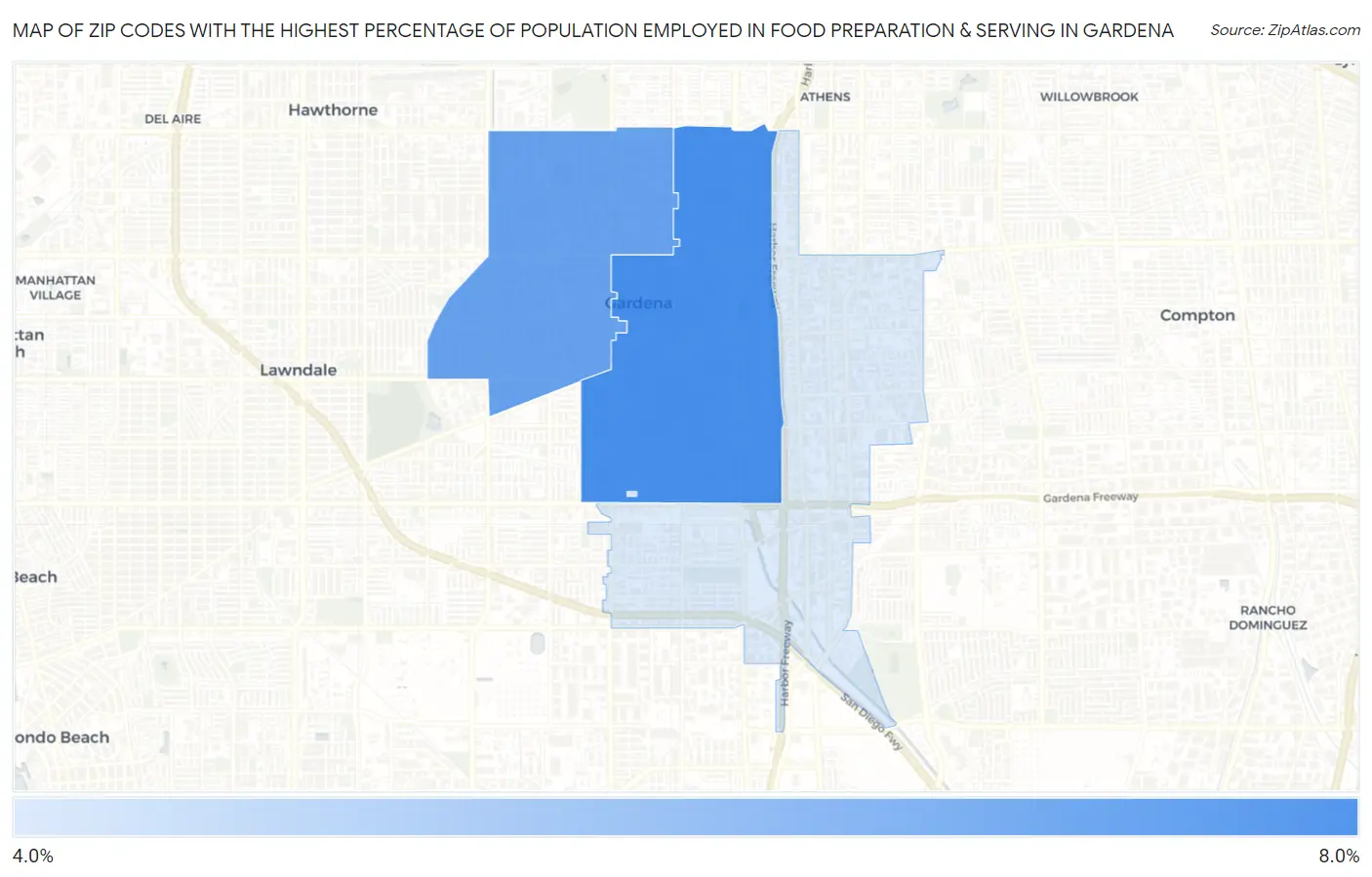 Zip Codes with the Highest Percentage of Population Employed in Food Preparation & Serving in Gardena Map
