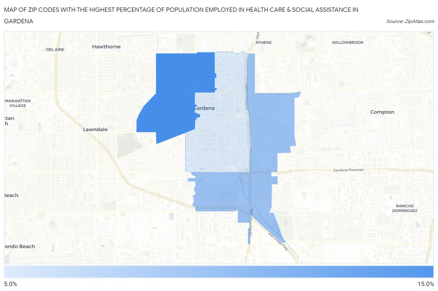 Zip Codes with the Highest Percentage of Population Employed in Health Care & Social Assistance in Gardena Map