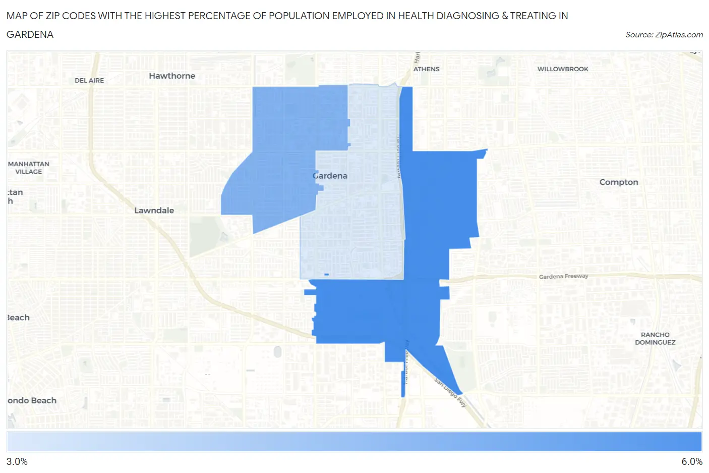 Zip Codes with the Highest Percentage of Population Employed in Health Diagnosing & Treating in Gardena Map