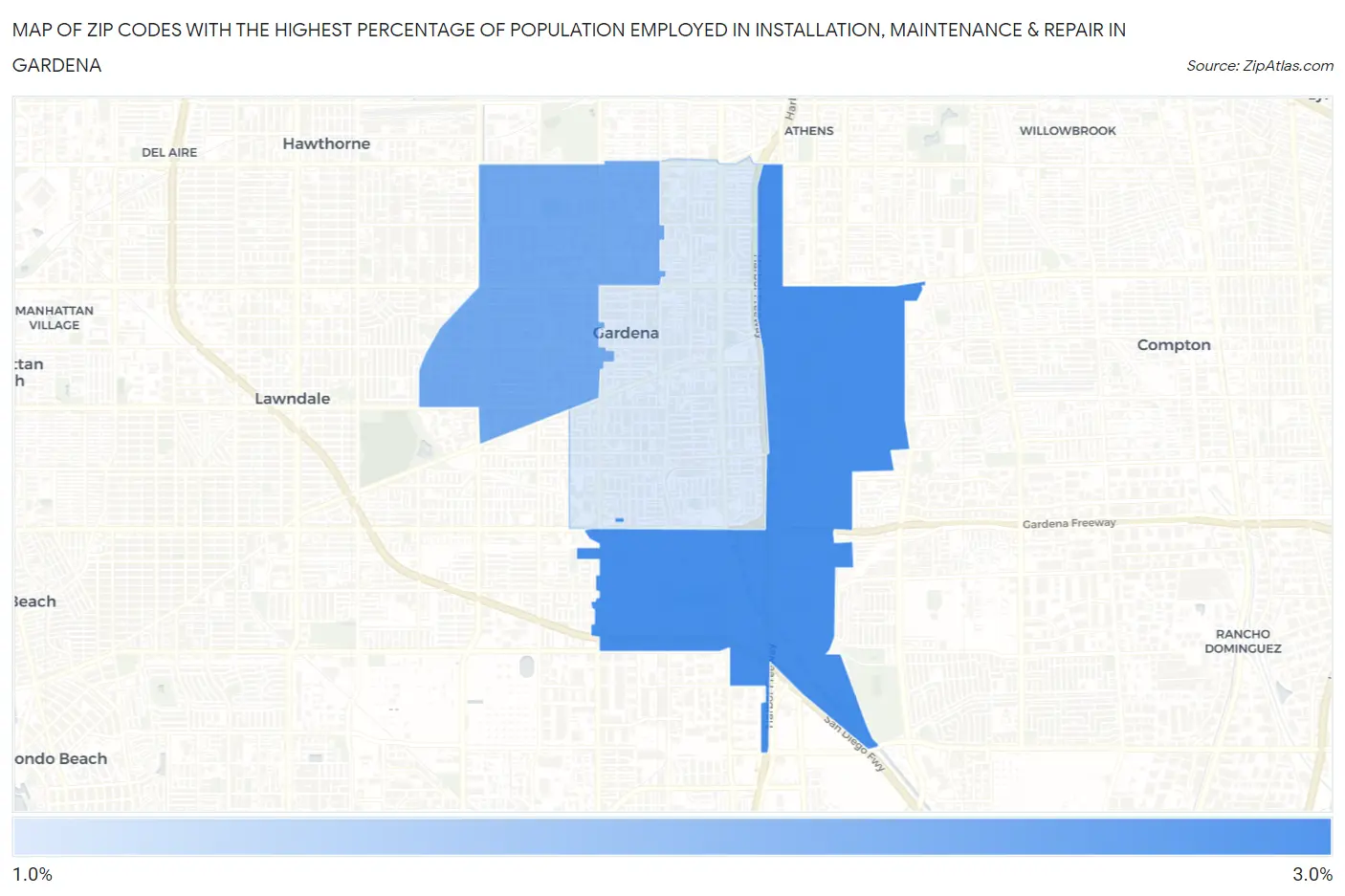 Zip Codes with the Highest Percentage of Population Employed in Installation, Maintenance & Repair in Gardena Map