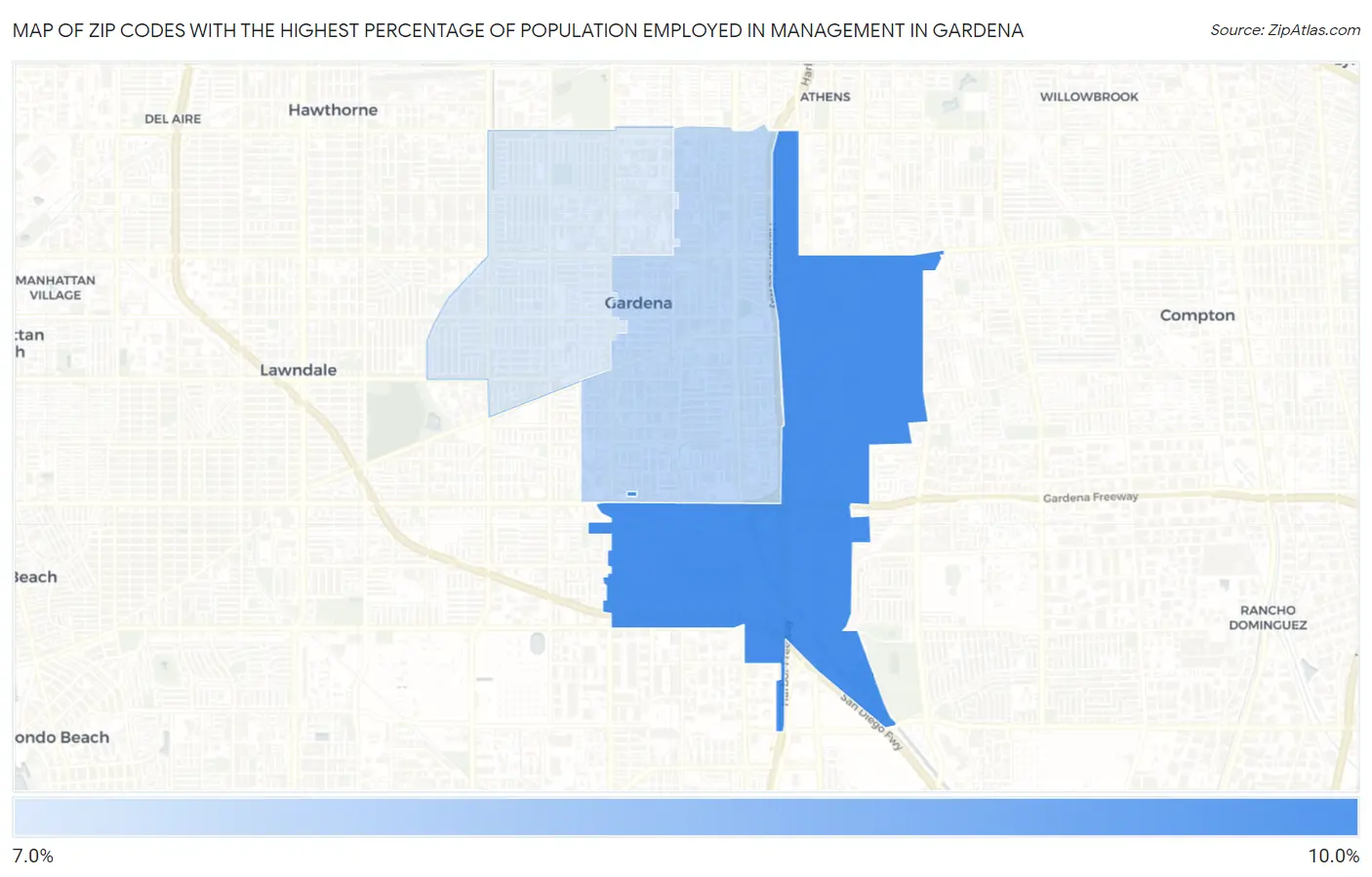 Zip Codes with the Highest Percentage of Population Employed in Management in Gardena Map