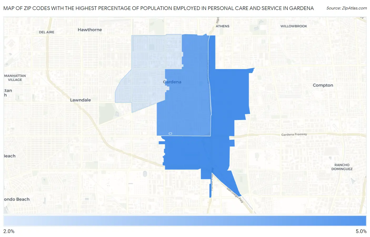 Zip Codes with the Highest Percentage of Population Employed in Personal Care and Service in Gardena Map