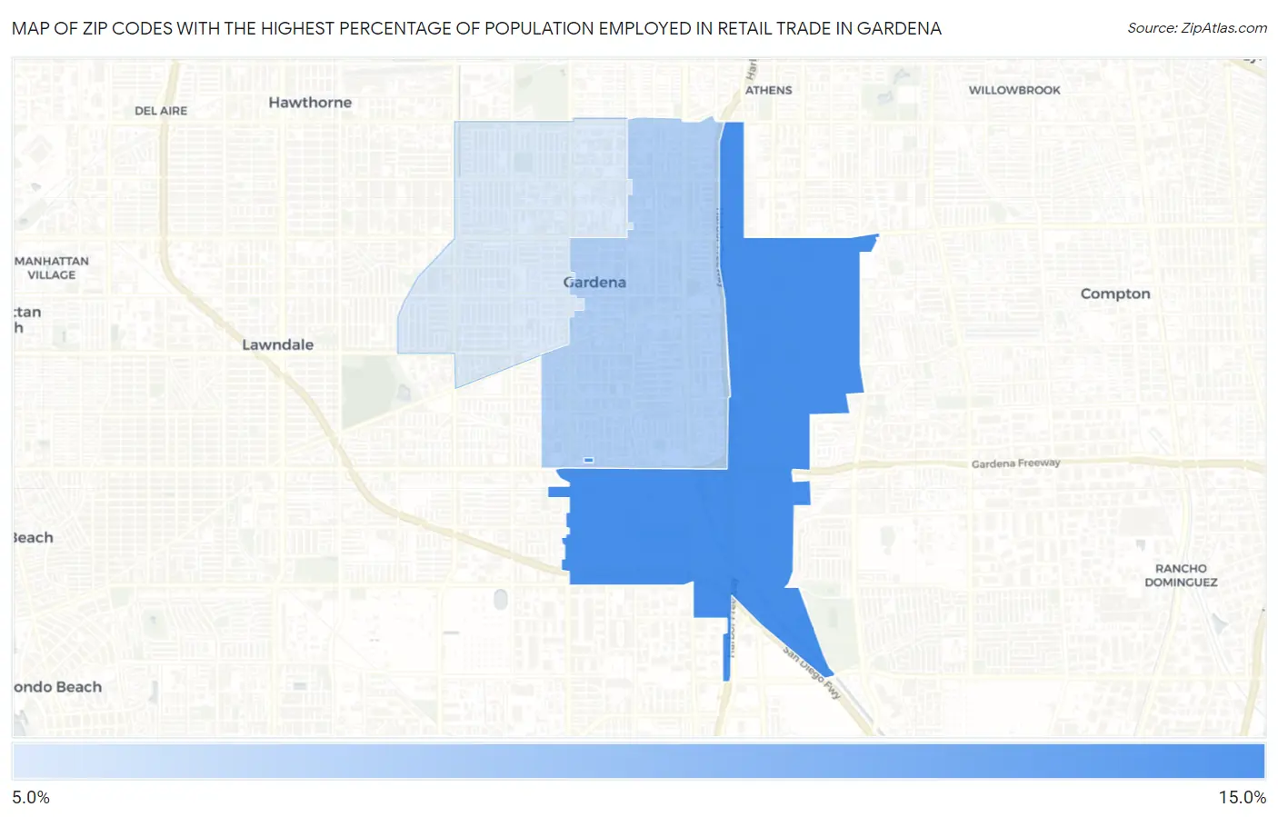 Zip Codes with the Highest Percentage of Population Employed in Retail Trade in Gardena Map