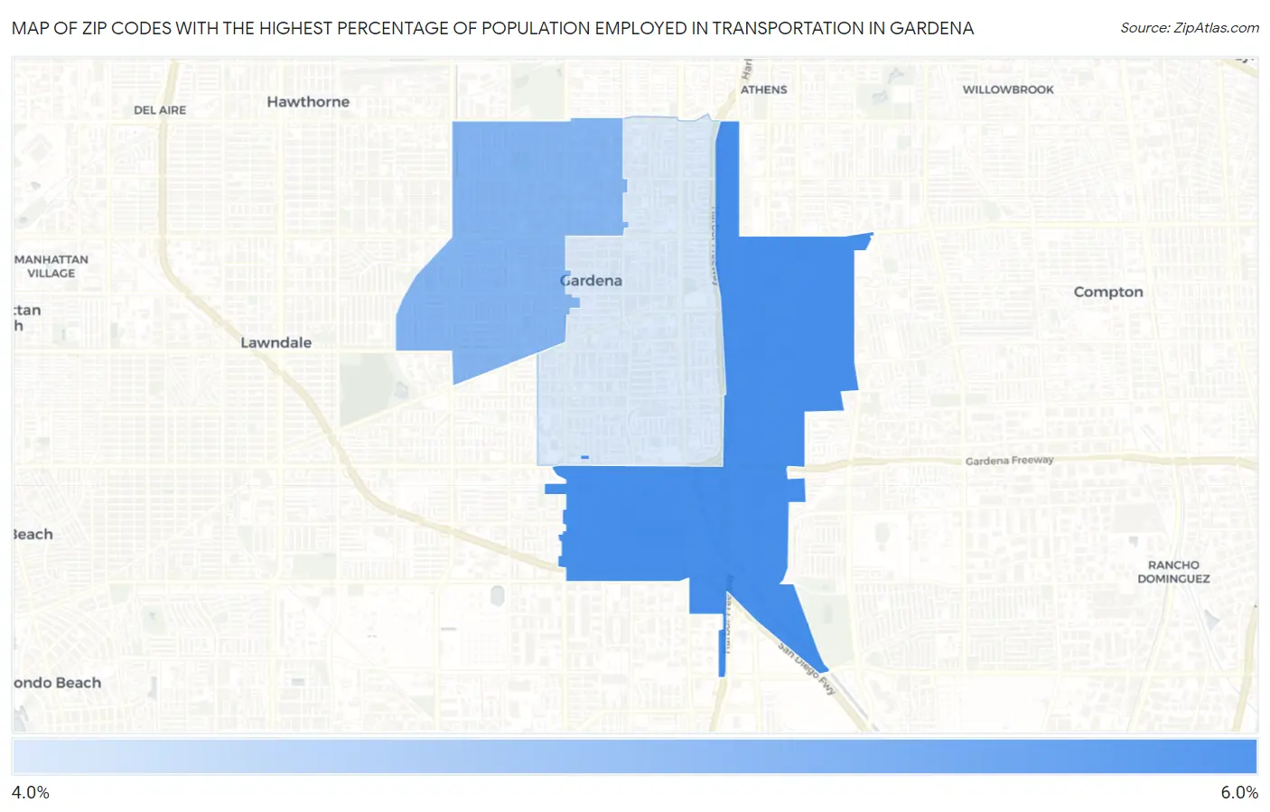 Zip Codes with the Highest Percentage of Population Employed in Transportation in Gardena Map