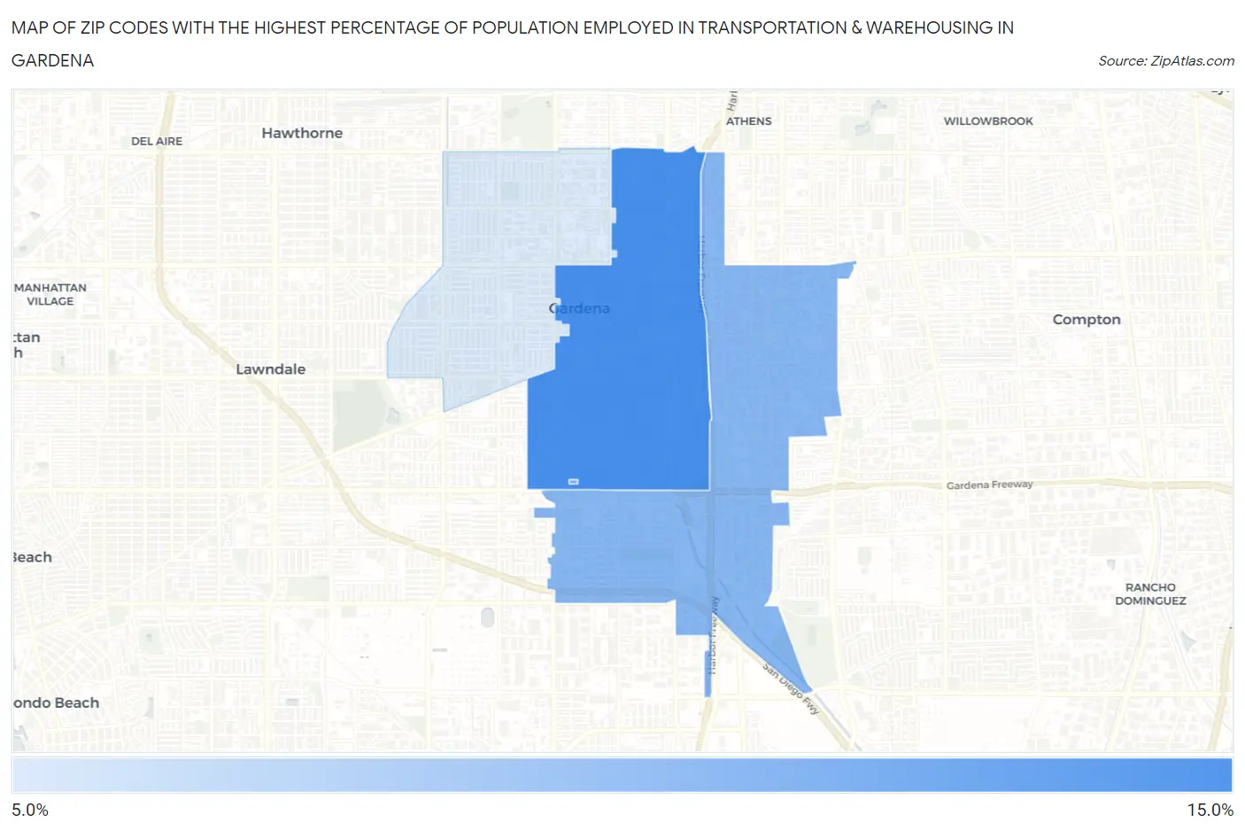 Zip Codes with the Highest Percentage of Population Employed in Transportation & Warehousing in Gardena Map
