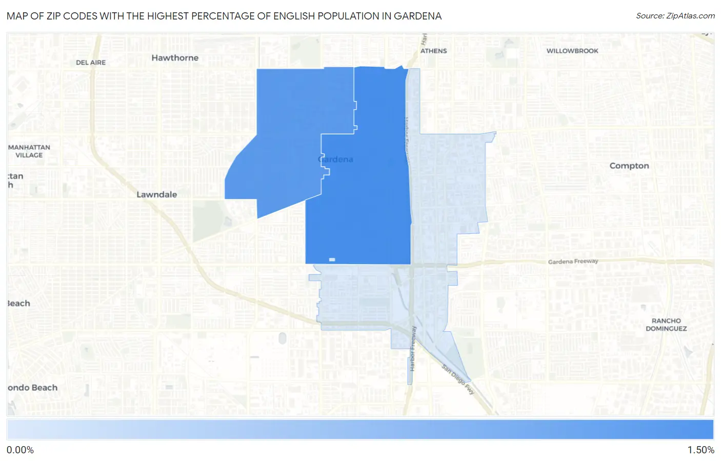 Zip Codes with the Highest Percentage of English Population in Gardena Map