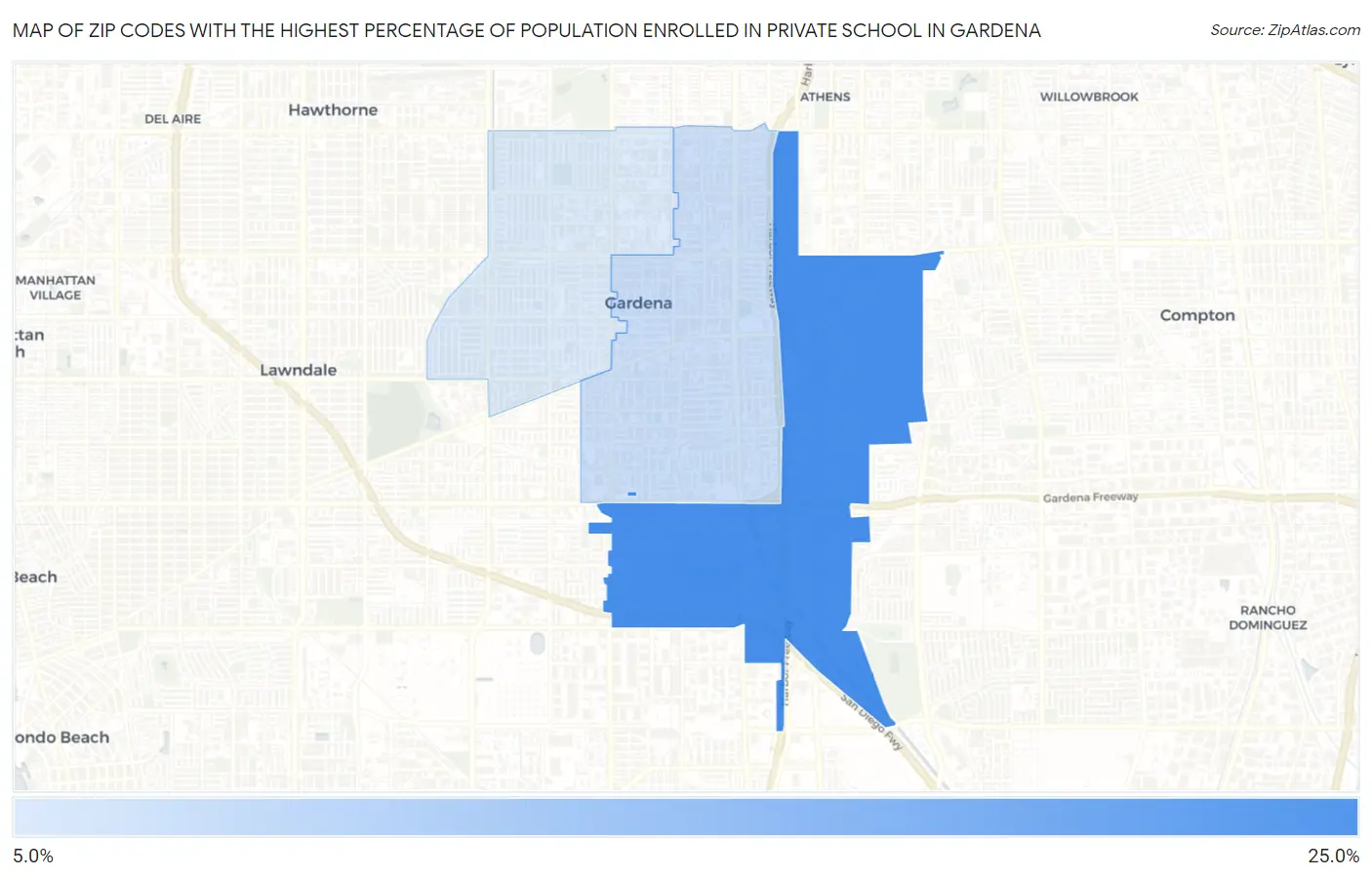 Zip Codes with the Highest Percentage of Population Enrolled in Private School in Gardena Map