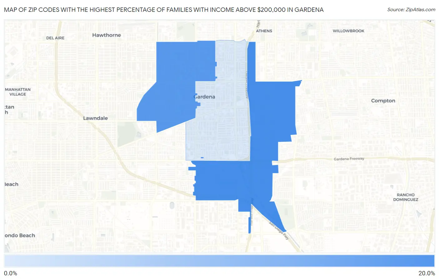 Zip Codes with the Highest Percentage of Families with Income Above $200,000 in Gardena Map