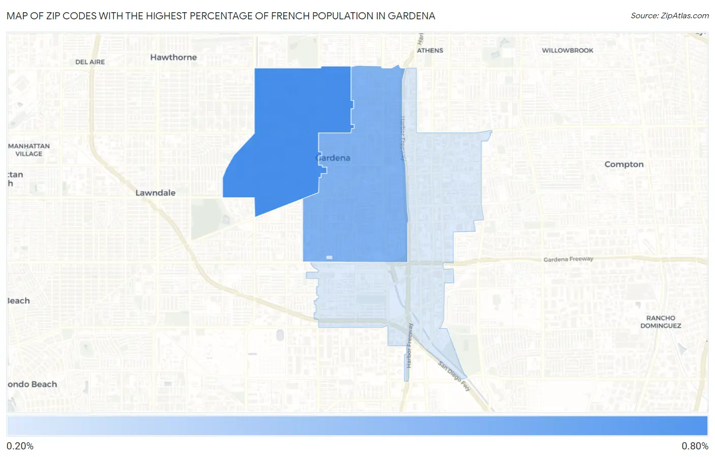 Zip Codes with the Highest Percentage of French Population in Gardena Map