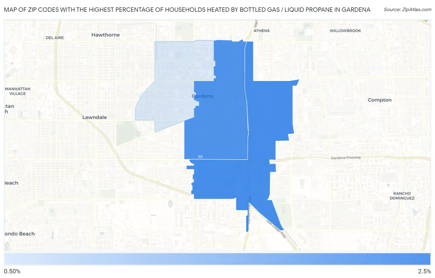 Zip Codes with the Highest Percentage of Households Heated by Bottled Gas / Liquid Propane in Gardena Map