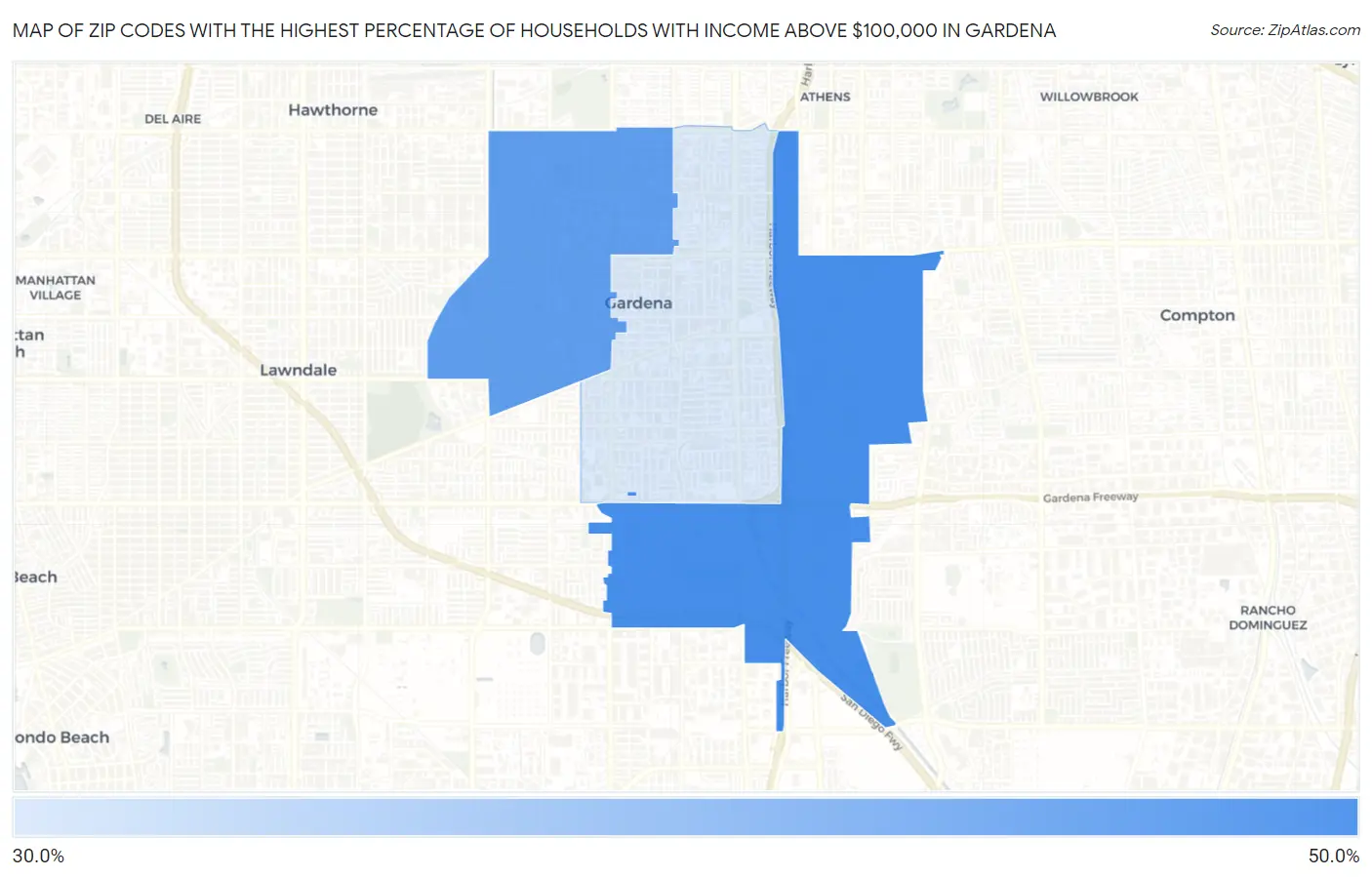 Zip Codes with the Highest Percentage of Households with Income Above $100,000 in Gardena Map