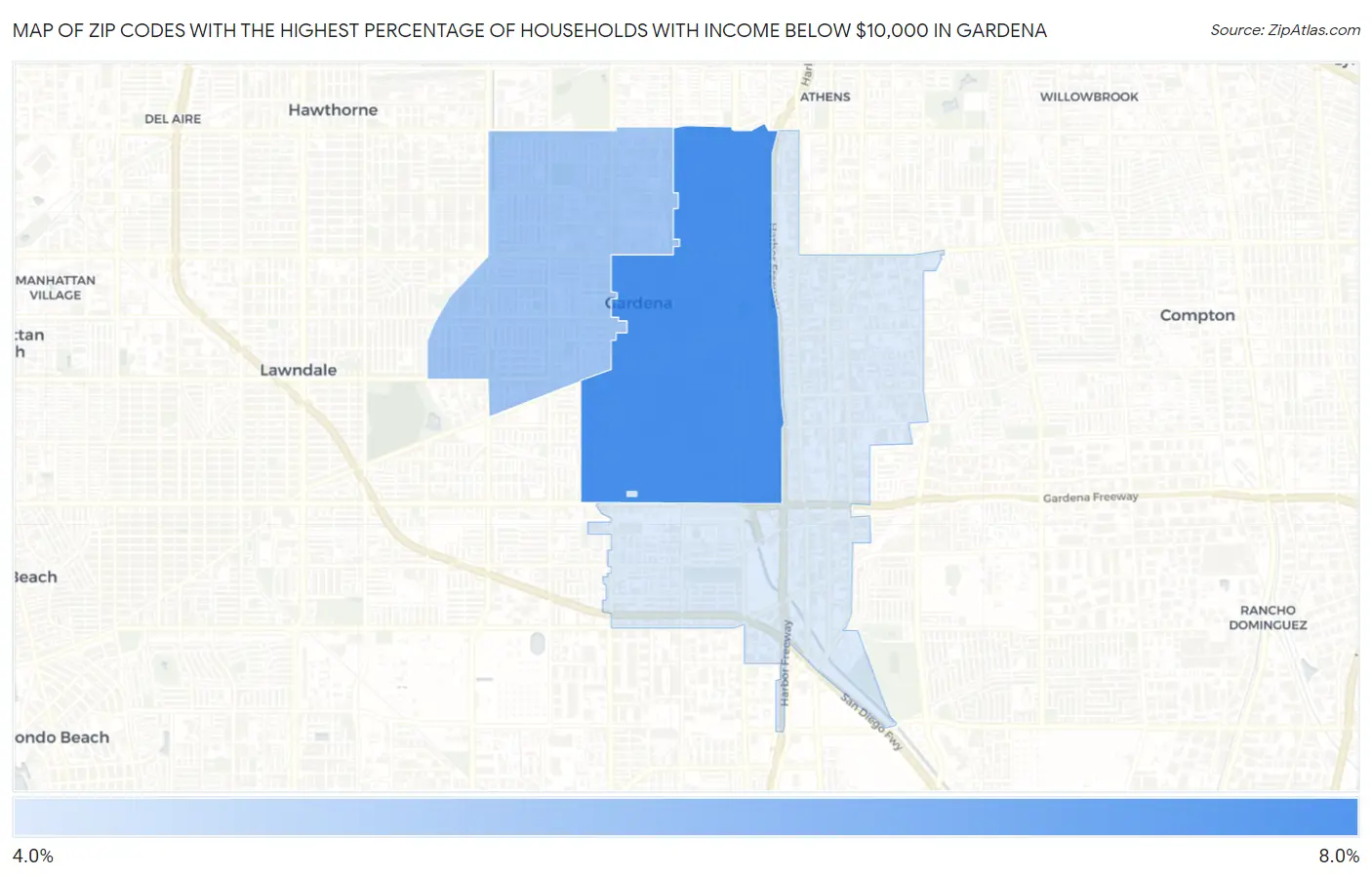 Zip Codes with the Highest Percentage of Households with Income Below $10,000 in Gardena Map