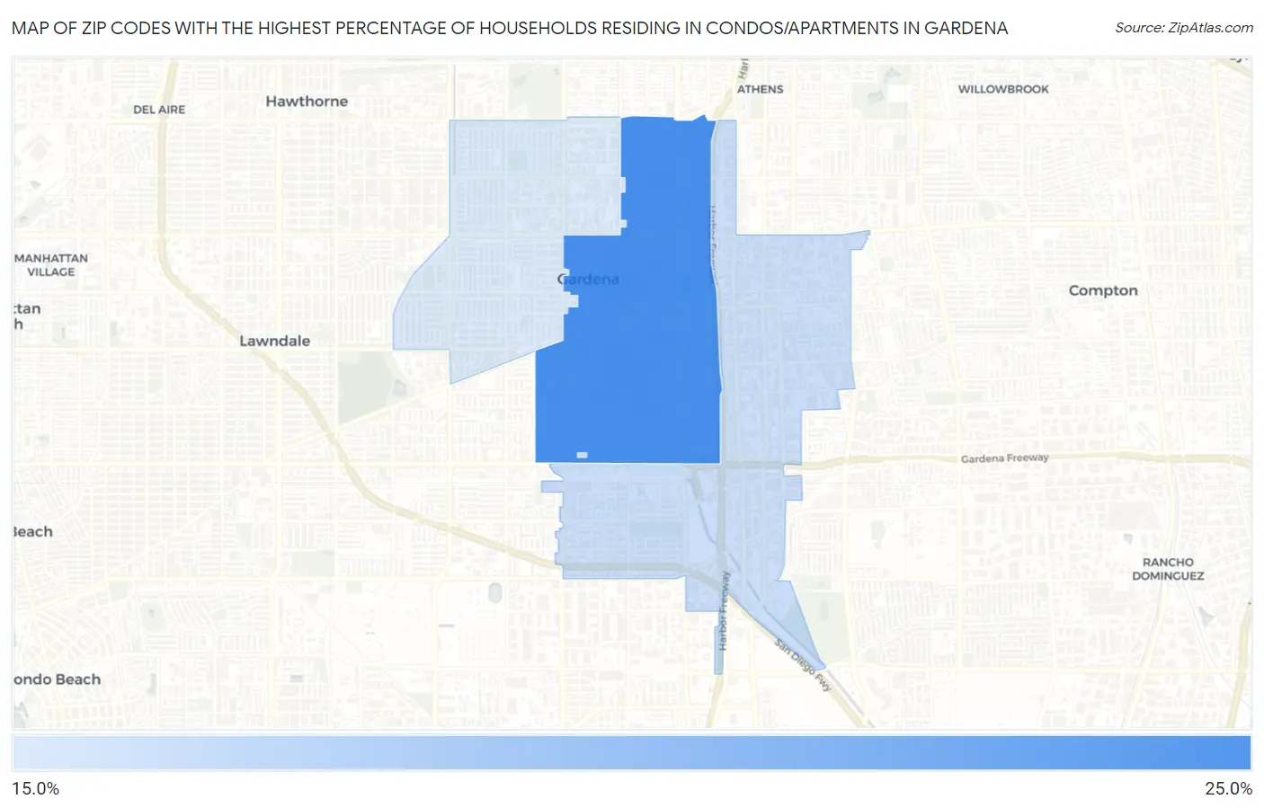 Zip Codes with the Highest Percentage of Households Residing in Condos/Apartments in Gardena Map