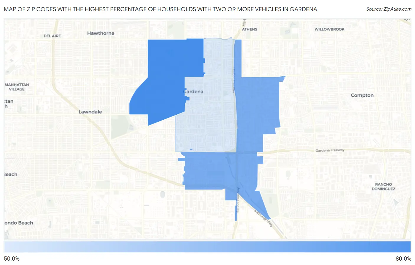 Zip Codes with the Highest Percentage of Households With Two or more Vehicles in Gardena Map