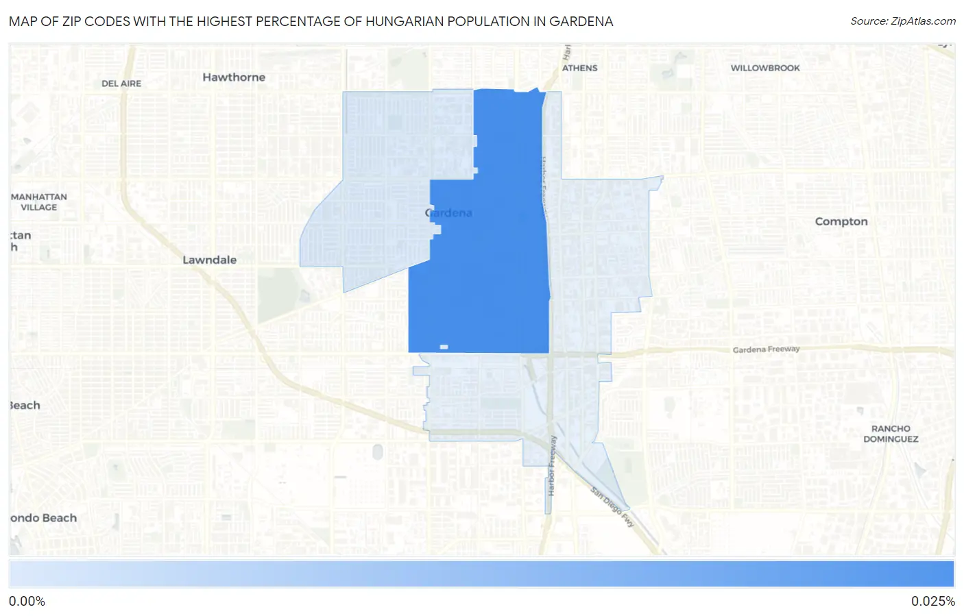 Zip Codes with the Highest Percentage of Hungarian Population in Gardena Map