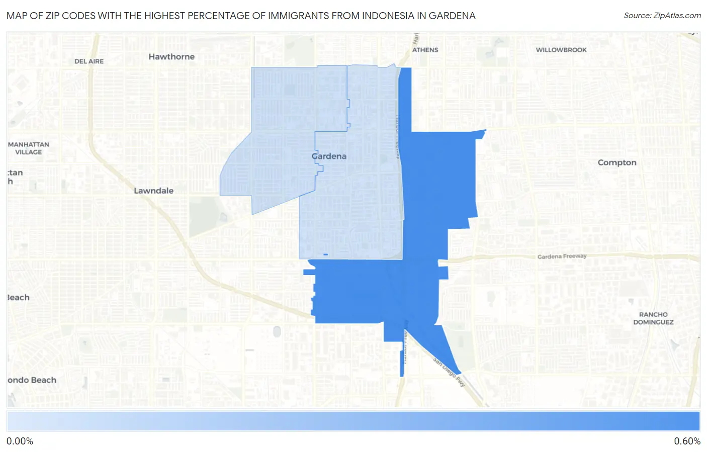 Zip Codes with the Highest Percentage of Immigrants from Indonesia in Gardena Map