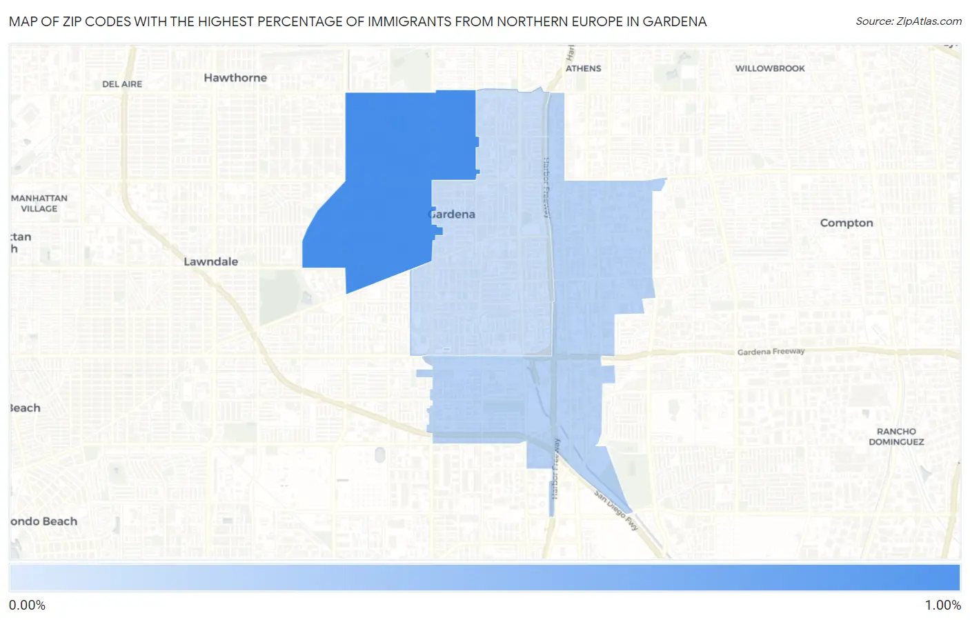 Zip Codes with the Highest Percentage of Immigrants from Northern Europe in Gardena Map