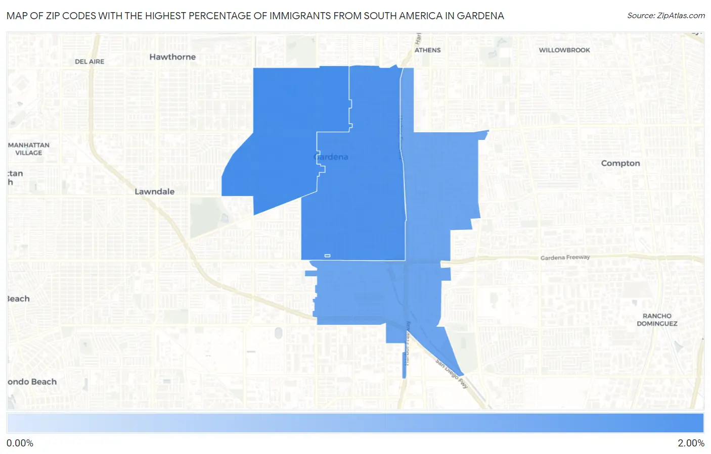 Zip Codes with the Highest Percentage of Immigrants from South America in Gardena Map