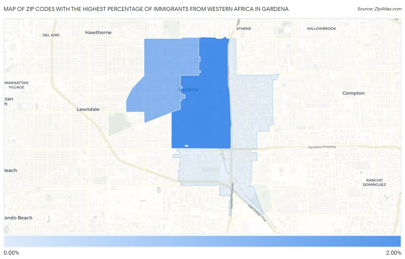 Zip Codes with the Highest Percentage of Immigrants from Western Africa in Gardena Map