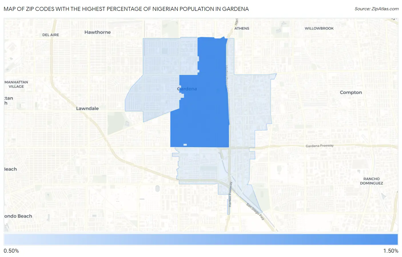 Zip Codes with the Highest Percentage of Nigerian Population in Gardena Map