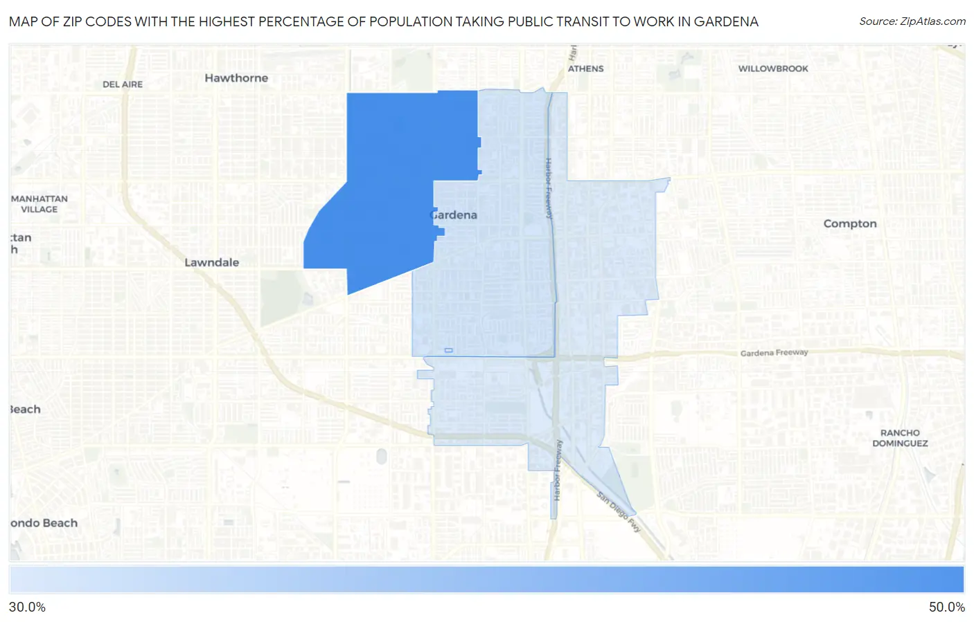 Zip Codes with the Highest Percentage of Population Taking Public Transit to Work in Gardena Map