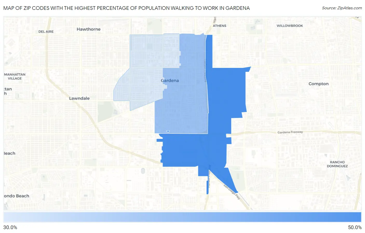 Zip Codes with the Highest Percentage of Population Walking to Work in Gardena Map