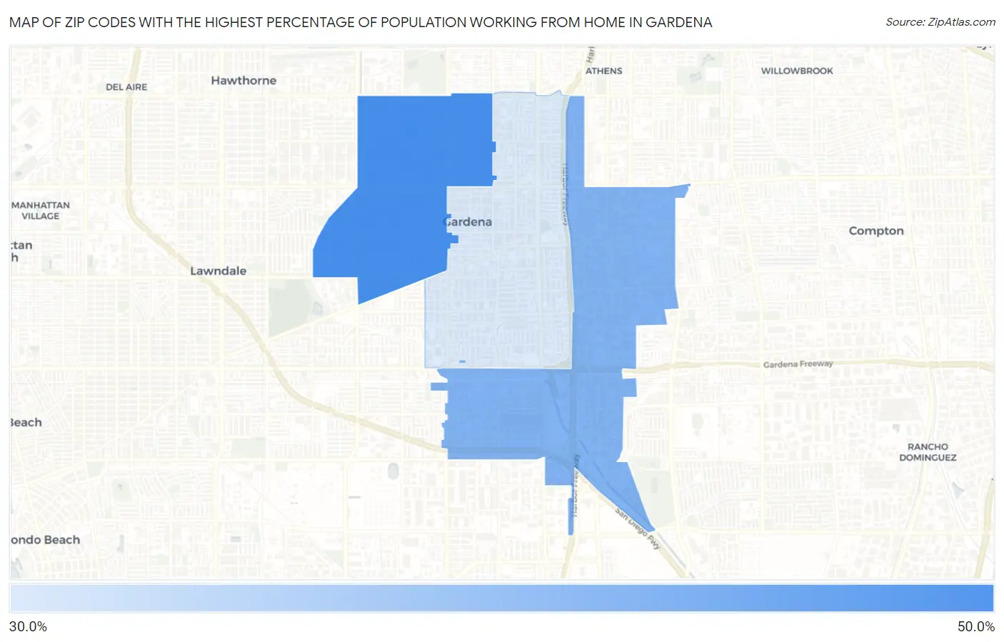 Zip Codes with the Highest Percentage of Population Working from Home in Gardena Map