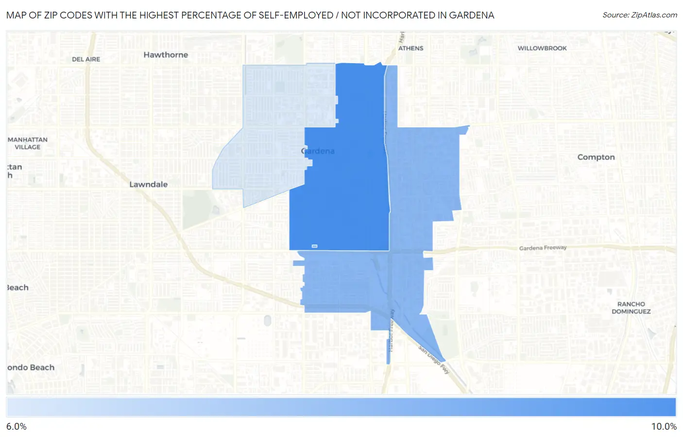 Zip Codes with the Highest Percentage of Self-Employed / Not Incorporated in Gardena Map