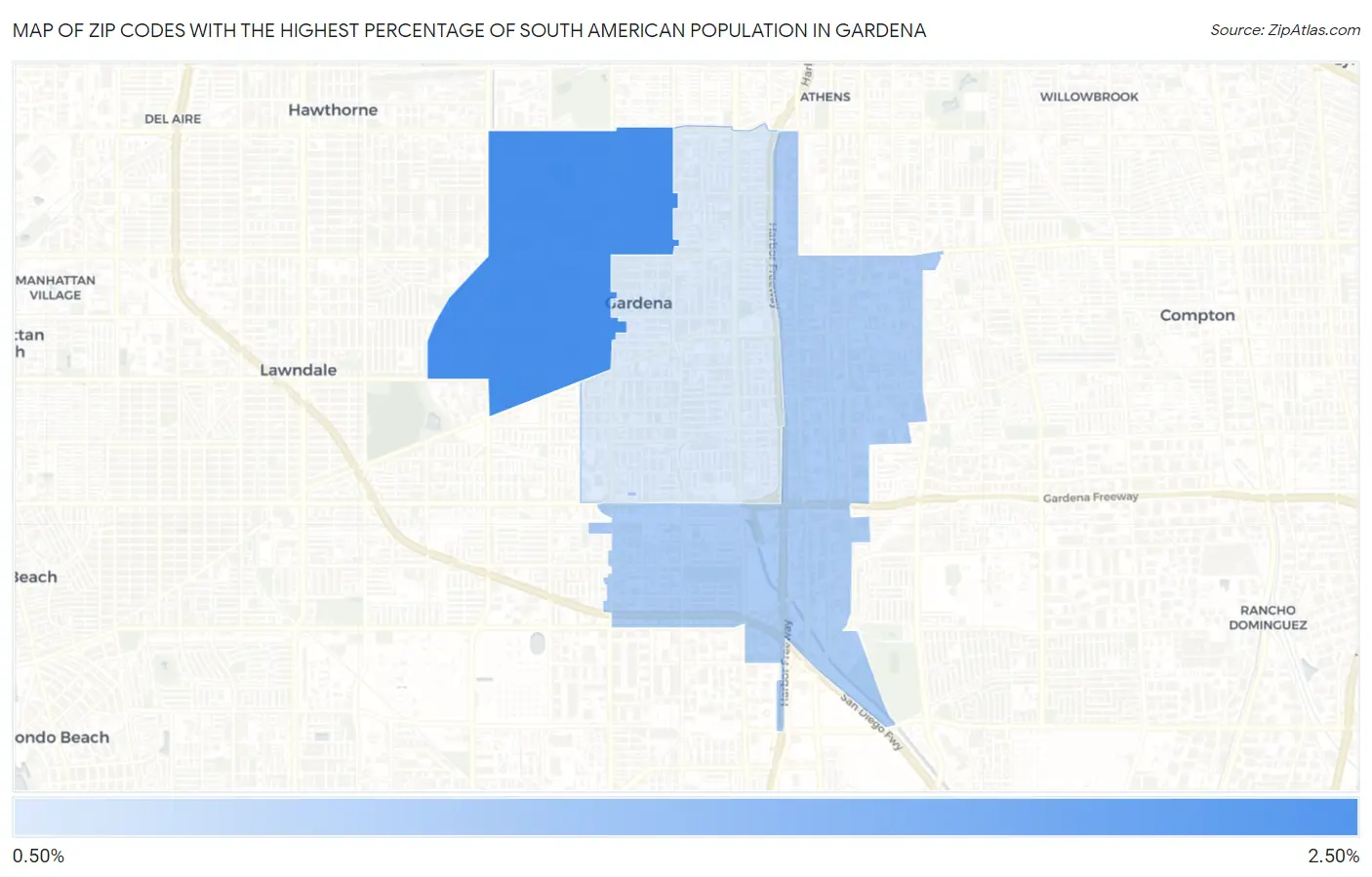 Zip Codes with the Highest Percentage of South American Population in Gardena Map