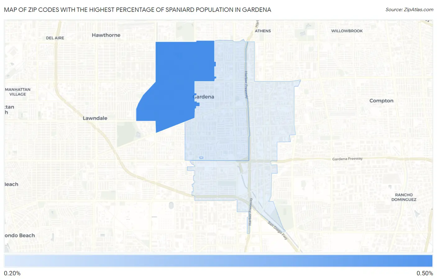 Zip Codes with the Highest Percentage of Spaniard Population in Gardena Map