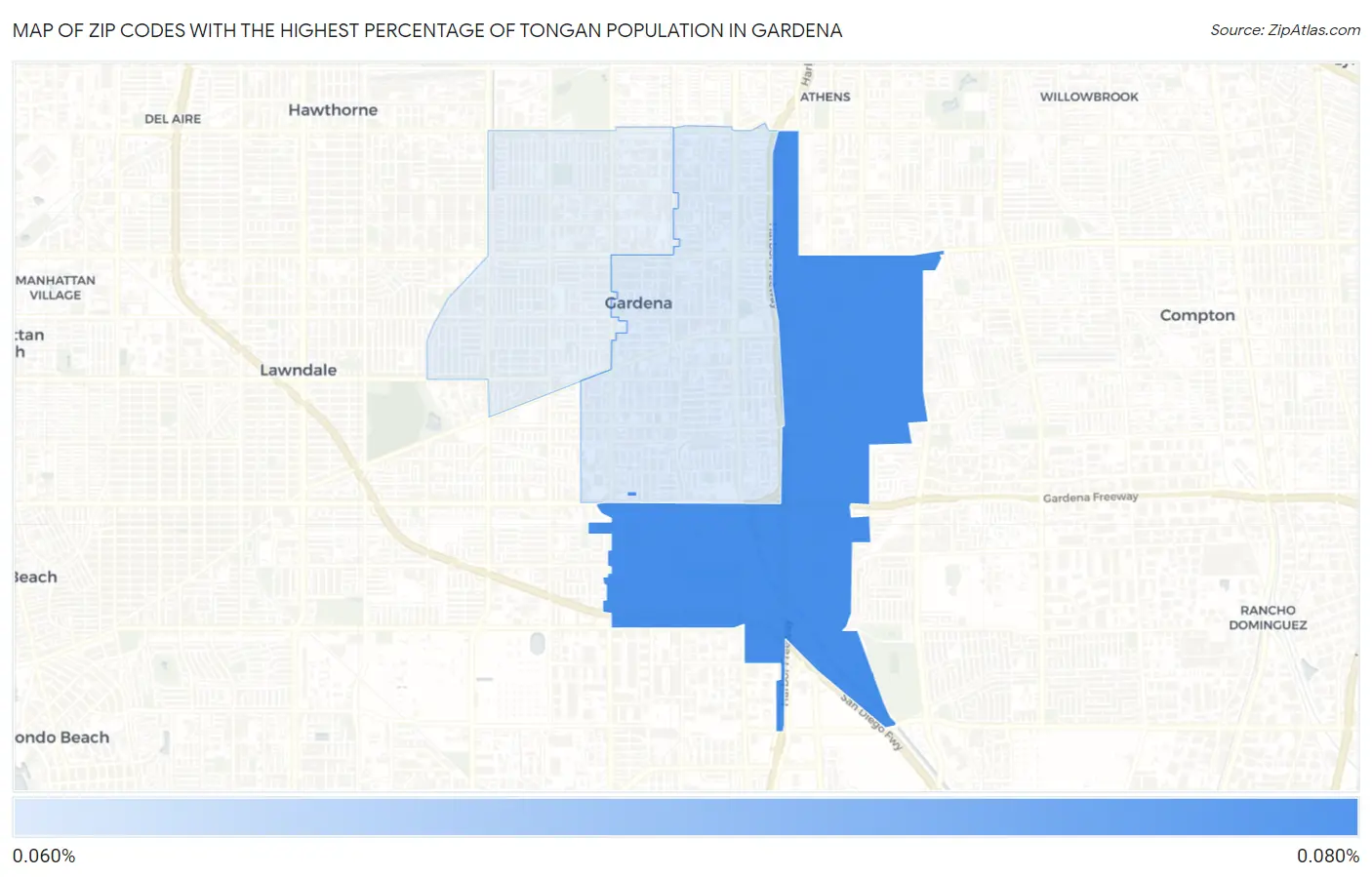 Zip Codes with the Highest Percentage of Tongan Population in Gardena Map