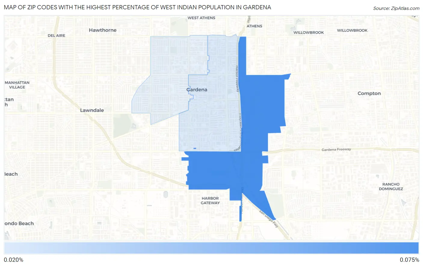 Zip Codes with the Highest Percentage of West Indian Population in Gardena Map