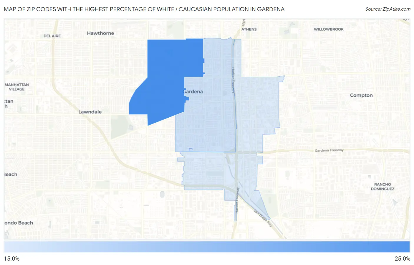 Zip Codes with the Highest Percentage of White / Caucasian Population in Gardena Map