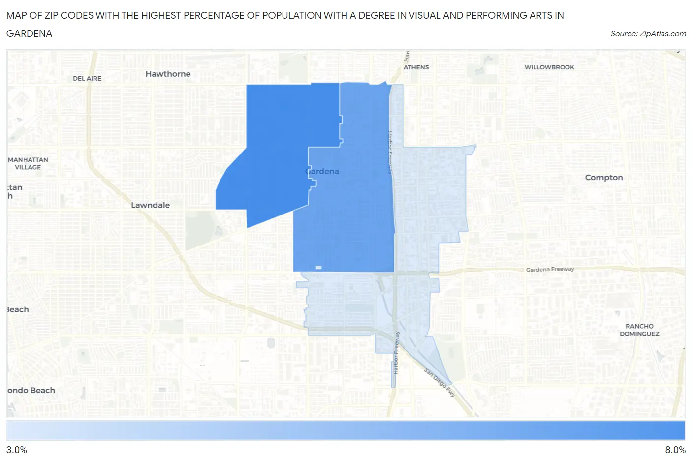 Zip Codes with the Highest Percentage of Population with a Degree in Visual and Performing Arts in Gardena Map